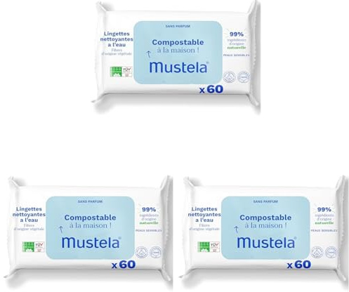 Mustela - Lingettes Nettoyantes à l'Eau - Lingettes Bébé Compostables - Visage, Mains, Siège - 99% ingrédients d'origine naturelle - Fibres d'origine Végétales - Hygiène Bébé et Soin - Sans Parfum