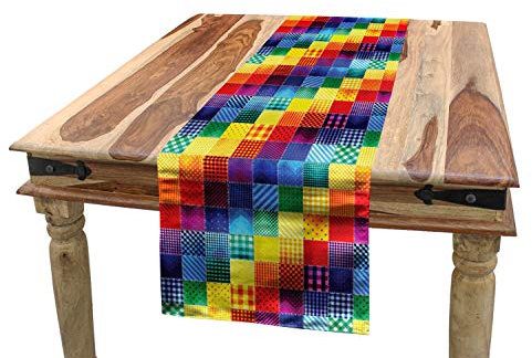 ABAKUHAUS Patchwork Tischläufer, Regenbogen-Retro Patchwork, Esszimmer Küche Rechteckiger Dekorativer Tischläufer, 40 x 180 cm, Rot Gelb Blau