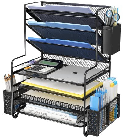 Simple Trending 7 Tier Desk File Organizer, Letter Tray Paper Organizer with Pen Holder and Metal Hanging Basket, Black