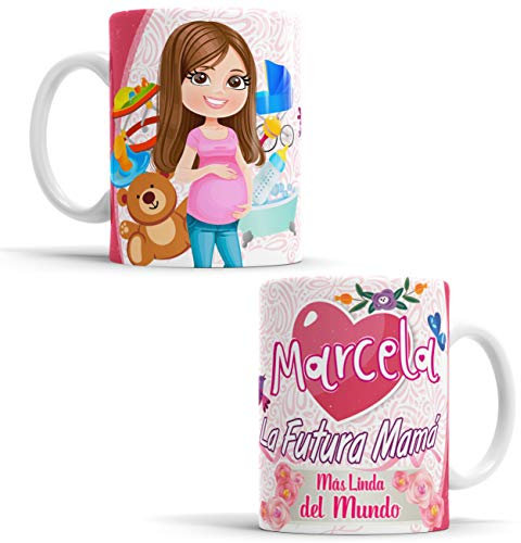 OyC Original y Creativo Taza Futura Mamá - Taza Aquí Bebe la Mejor Futura Mamá del Mundo/Taza aqui Bebe una Super Futura Mamá/Taza con Frase y Dibujo Personalizada con Nombre (Futura Mamá)