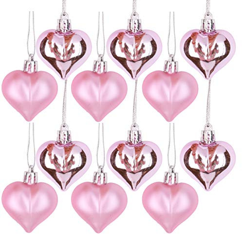 Juego de adornos para árbol de Navidad, bolas de Navidad en forma de corazón, color rosa, inastillables, pequeñas bolas de Navidad, bolas de Navidad para árbol, paquete de 12 unidades de 4,5 cm