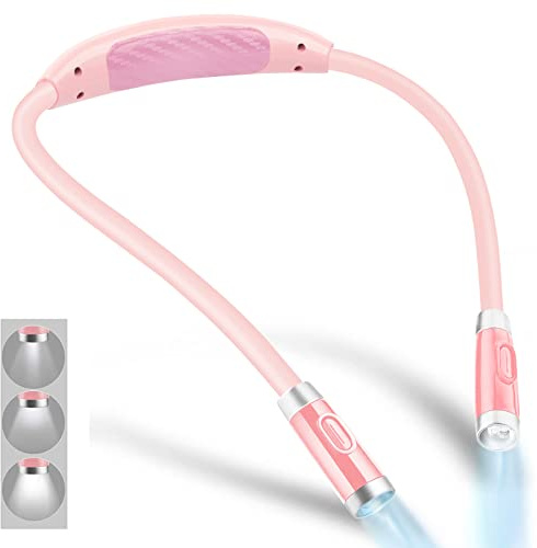 Vekkia Rechargeable LED Neck Reading Light, Book Lights for Reading in Bed, 3 Brightness Levels, Flexible Soft Silicone Arms Comfortable Wear, Long Lasting, Perfect for Craft & Knitting, Pink