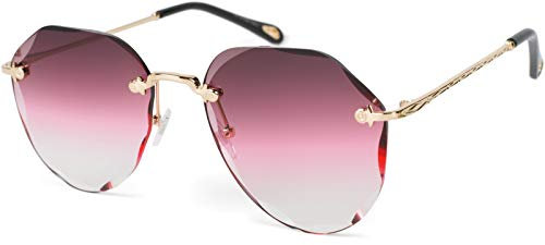 styleBREAKER Damen Piloten Sonnenbrille Rahmenlos mit getönten Gläsern im Diamant Schliff, Geprägte Bügel, Vieleckige Gläser 09020106, Farbe:Gestell Gold/Glas Bordeaux-Pink Verlauf