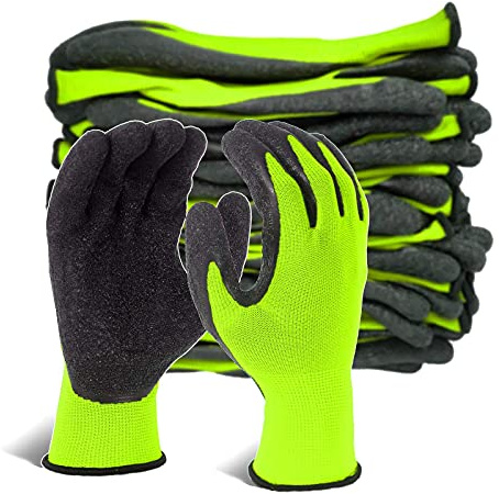 Evridwear Crinkle Latex Rubber Hand Coated Safety Work Gloves for Men Women General Multi Use Construction Warehouse Gardening Assembly Landscaping (Large, Green 12 Pairs)