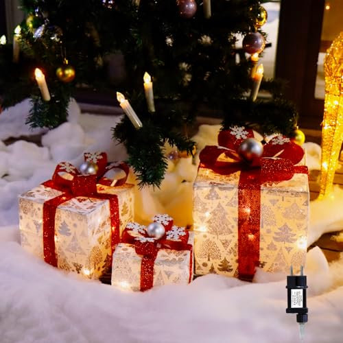 CCLIFE Juego de 3 cajas de regalo con luz LED,caja de Navidad con luz, caja de regalo iluminadas de Navidad para árbol de Navidad, hogar, decoraciones de Navidad