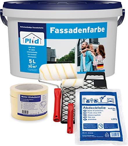 Plid® - Fassadenfarbe Außen [WETTER & UV-BESTÄNDIG]- Hochwertige Farbe für Mauerwerk, Hauswand, Beton & Kellerwand - Sockelfarbe - Mauerfarbe - Wandfarbe Weiß & Grau - Made in Germany (5l - Set)
