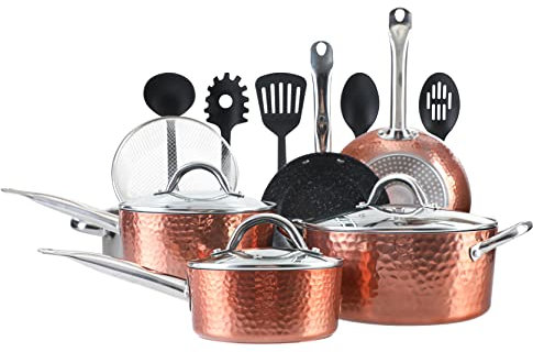 MAISON ARTS Ustensiles de cuisine – Lot de 15 casseroles et poêles antiadhésives avec granit martelé pour induction et lave-vaisselle, four, cuisinière, cuivre