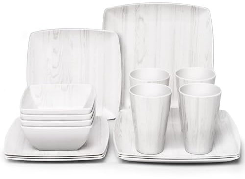 Melamin-Geschirr-Set, 16-teilig, Holzoptik – Geschirr, quadratische Tassen, Becher, Holzmaserung, Waldkunststoff, Teller, Schüsseln, langlebig, für 4 Personen
