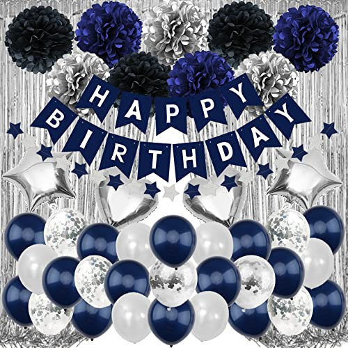 Recosis Geburtstagsdeko Männer, Marineblau Geburtstag Dekoration Happy Birthday Girlande Regenvorhang Papierbommelblume Luftballon Konfetti für Mann Frauen Junge Mädchen Party Dekoration