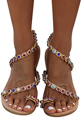 Dasongff Sandales Plates Femme Été Confortable Bohème Élégant Nu Pieds Tongs Sandales de Plage avec Strass Flip Flops Slip-on Décontractées Gladiateur Nu-Pieds pour Vacances Plage