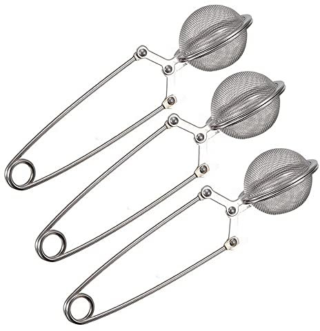 KAV 3 Pack Stainless Steel Tea Strainer 2 X Mesh Snap Ball Shaped Infuser Squeezer with Handle for Loose Leaf Tea Coffee, Beans and Mulling Spices, Silver