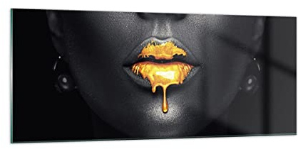 ARTTOR Glasbild 100x40cm Wandbild Glasdruck Menschen Mode - 4460 | Gold Mund Schwarz Panorama Groß Modern Dekoration Wohnzimmer Schlafzimmer Küche Wanddeko Kunstdruck Art Wall Decor ARTTOR