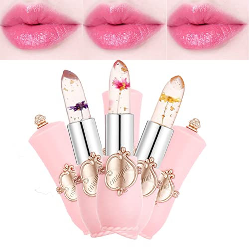 Pakivs 3Pcs Crystal Flower Jelly Lipstick Set,Magic Temperature Color Change Lip Gloss Long Lasting Clear Nutritious Moisturizer Lip Balm (Pink)