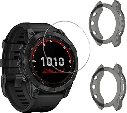 MWOOT Compatible con Garmin Fenix 7X Protectores Cristal Templado 4 Unidades y Funda Silicona 2 Unidades, 9H Dureza Resistente a Arañazo Protector Pantalla Vidrio Templado Proteccion Smartwatch