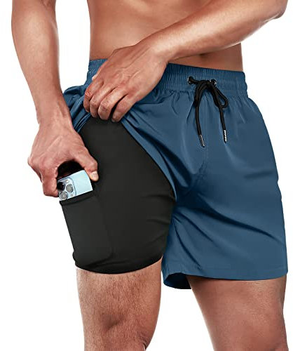 ineepor Costum Bagno Uomo 2 in 1 con Pantaloncini Bagno Uomo con Fodera a Compressione con Tasca con Cerniera Corta Pantaloncini Surf Pantaloncini,Blu Copen,S