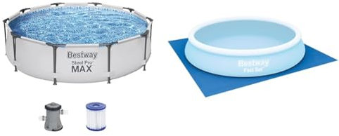 Bestway Steel Pro MAX Frame Pool-Set mit Filterpumpe Ø 305 x 76 cm, lichtgrau, rund & Flowclear™ quadratische Bodenplane, 396 x 396 cm, für Aufstellpools bis Ø 366 cm, blau