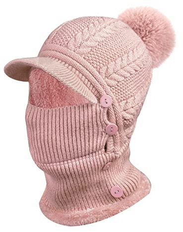 Heveer Warme Strickmütze Damen Flexible Wintermütze mit Halswärmer Krempe Verstellbare Gesichtsmaske Weichem Gefüttert für Outdoor Rosa