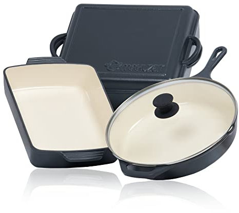 Mahlzeit Juego de Utensilios de Cocina de Hierro Fundido Esmaltado XL Blue Berry | 3 Piezas | Ø 29,5 cm, 3,8 L, 10,8 L | Cazuela, Sartén y Asador con Tapa | Ollas de Cocina Esmaltadas