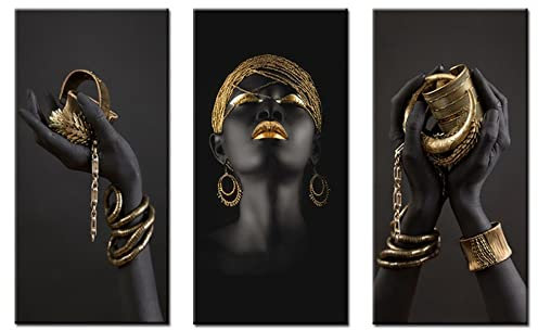 FSLEOVN Leinwand Malerei Afrikanische Schwarz und Gold Frau Bilder Modern Wandkunst Bild Wohnzimmer Home Decor 3er Set Rahmenlos (Schwarz Gold,40 x 80 cm)