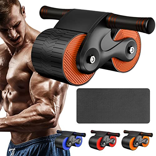 Automatisches Rückspringen, Bauch-Roller, Bauchmuskeltrainer, mit Matte, Roller für Bauchtraining, mit stabilen Doppelrädern und automatischem Rückprall (Orange)