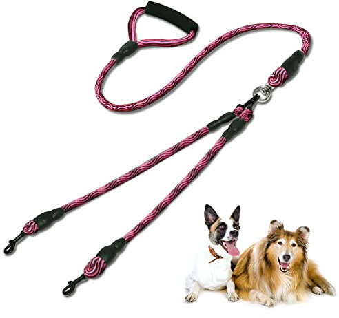 Lvjkes Doppelleine Hundeleine, Hundeleine mit Zwei Seilen, Doppelte Hundeleine Abnehmbarer Anti-Verwicklungsschutz Komfortables Gehtraining für Zwei mittelgroße oder große Hunde (Rot)