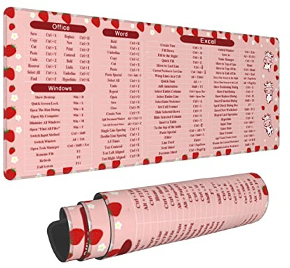 Tapis de souris pour ordinateur de bureau Power Point Excel Word Raccourci Touches Mignonnes Vache Fraise XL Tapis de bureau étendu Base en caoutchouc antidérapant Bords cousus Grand tapis de souris