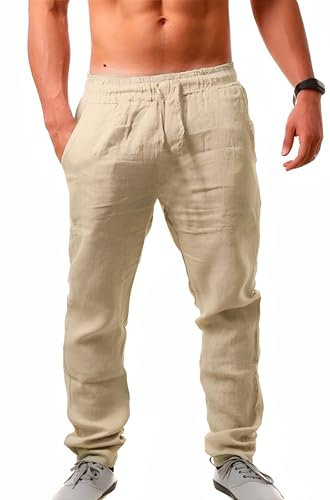 Cegerne Herren Leinenhose Lang Leicht Sommerhose Mittelalter Loose Fit Freizeithose Elastischer Bund mit Kordelzug für Urlaub Strand Alltag, Beige, M