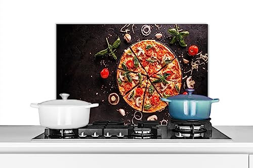KitchenYeah© Spritzschutz Küchenrückwand Platte Küchen Zubehör Aluminium Platte Herd Spritzschutz WandverkleidungPizza - Gemüse - Kräuter - Lebensmittel - Industrial - Essen - 60x40 cm