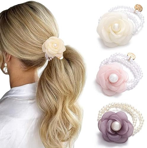 Generse Perlen-Haargummis, Blumen-Haargummis, Strass, Pferdeschwanz-Halter, Perlen-Set, Haarbänder, Haarschmuck für Damen und Mädchen (3 Stück)