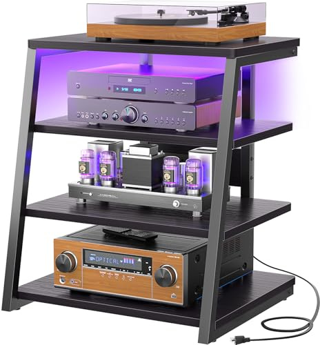 Armocity 4-Tier AV Media Stand with Power Strips, Stereo Stand with LED Lights, Rack Audio Tower with Adjustable Shelves, Small Entertainment Center, 30'', Black Ebony