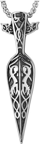 COOLSTEELANDBEYOND Gungnir Odin Speer Wikinger Amulett Anhänger Halskette, Edelstahl für Herren, mit 75cm Stahl Weizen-Kette