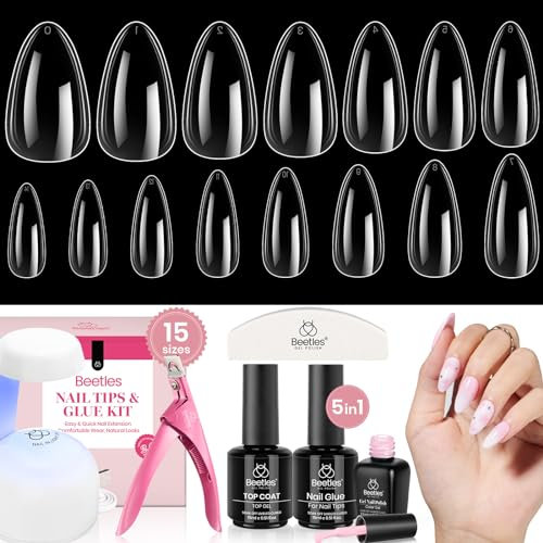 Beetles 5 in 1 Gel Polish Kit - Glue, Top Coat, Nail Tips, Nail Lamp & Pink Gel Polish 600 pcs - Medium Almond