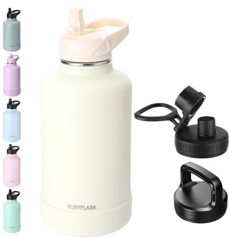 RUBYFLASK Botella de agua aislada de 64 onzas con pajilla, jarra de agua al vacío de acero inoxidable de medio galón, termo grande con 3 tapas a prueba de fugas para viajes, camping, gimnasio,