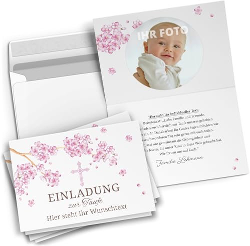 10 personalisierte Taufe Einladungskarten mit eigenem Text und Foto - Tauf-Einladungen mit Umschlag Kirschblüte rosa