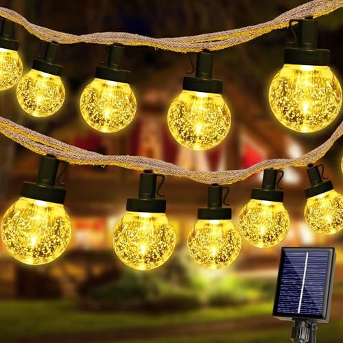 Joomer Solar Lichterkette Aussen, 11M LED Solar Lichterkette Außen Wetterfest 8 Modi Vintage Hanfseil Kristall Kugeln Outdoor Lichterkette Warmweiß für Garten Party Hochzeit Pavilion Balkon