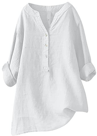 Camicetta Cotone e Lino Maniche Lunga Oversize da Donna Manica Lunga Blusa Causal Chic Estiva Taglie Forti Camicia Tinta Unita Scollo a V per la Primavera e L'Estate Leggera Confortevole e Traspirante