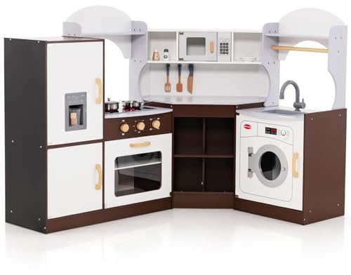 GOPLUS Eck Spielküche aus Holz, Rollenspielküche für Kinder mit Eismaschine, Mikrowelle, Herd, Ofen, Spüle, Waschmaschine, Kinderküche mit Lichtern und Geräuschen für Kinder ab 3 Jahren
