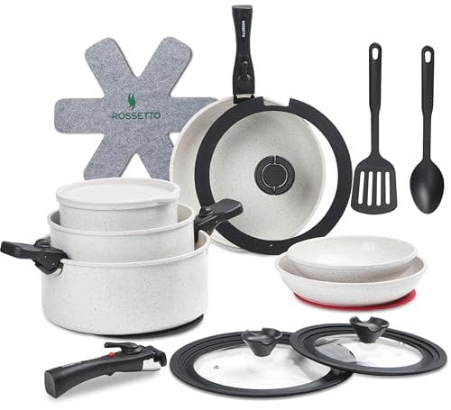 Ceramic Nonstick Pots and Pans Set - 23 Piece Nonstick Cookware Set with 4 Detachable Handle, Dishwasher Oven Safe, Induction Kitchen Cookware Sets, RV Cookware Set, White Granite