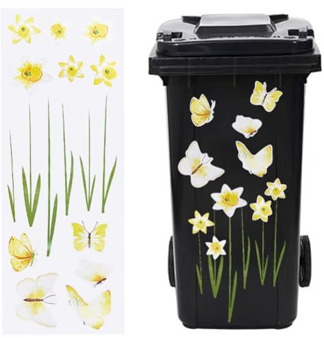 GORGECRAFT Autocollants Fleur Wheelie Imperméables Décoratifs Plante Papillon Autocollants Autocollants Floral Extérieur Poubelle Autocollant pour Réfrigérateur Fenêtre Maison Jaune