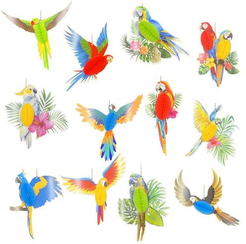 DUGYIRS 12 Stück Tropische Vögel Deko Seidenpapier Wabenkugeln, Papageienwaben für Sommerparty Kinder Geburtstag Haus Klassenzimmer Zubehör