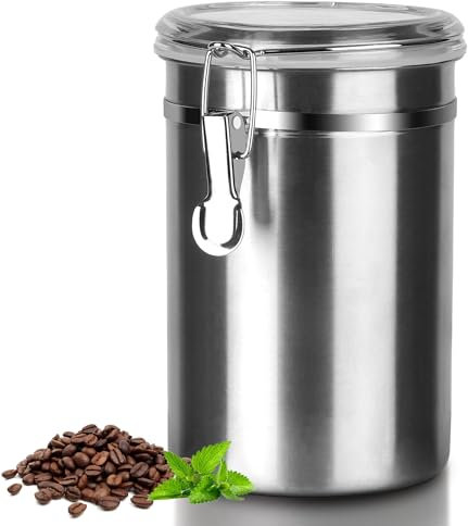Walktosun Boîte à Café Hermétique, Conservation en Acier Inoxydable pour Grains de Café avec Couvercle Transparent Bocal Récipient Rangement Cuisine Alimentaires Stockage Thé (1PC - 1.8L - Argenté)