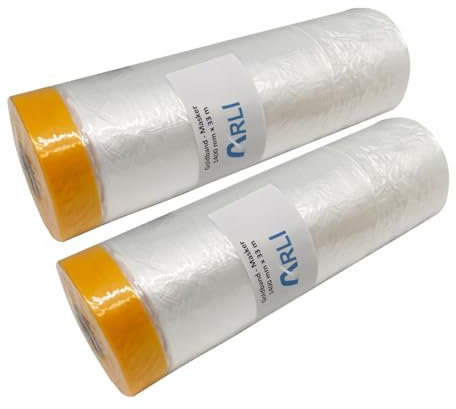 ARLI Goldband Masker 1400 mm x 25 m Abdeckfolie mit Klebeband Malerfolie Baufolie transparent HDPE Folie mit Washi Tape für Abdeckarbeiten im Innen- und Außenbereich (2 Stück/Rollen)
