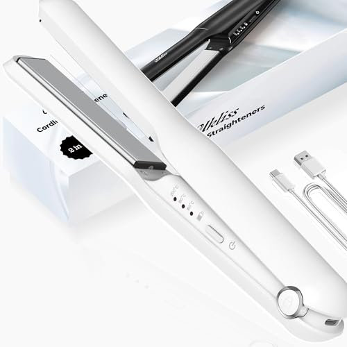 UKLISS Mini plancha de pelo para rizar y alisar 2 en 1, plancha de pelo inalámbrica con USB, plancha de pelo portátil USB con 3 temperaturas, tecnología de iones negativos, ideal para mujeres,