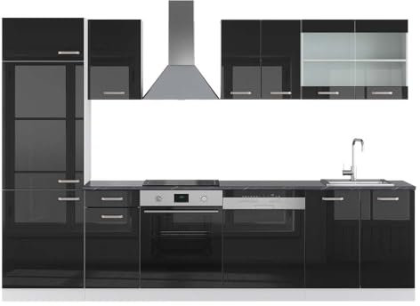 Vicco Küchenzeile R-Line, Küchenblock, Schwarz Hochglanz/Weiß, 300 cm, AP Anthrazit