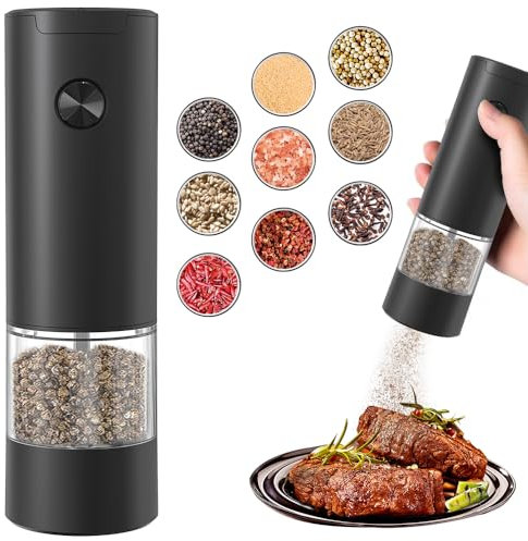 JIDSPWLS Molinillo eléctrico de pimienta y sal, molinillo de sal y pimienta de grosor ajustable, con luz LED, fácil de limpiar, funciona con pilas, funcionamiento con una sola mano, esencial para la