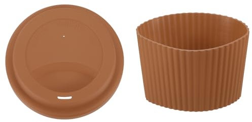 sourcing map 1Set 3.31-3.38 Silicone Cup Lid with Sleeve, Heat Resistant Spill-proof Lid and Nonslip Mug Cup Sleeve for Coffee, Mug Cover, Brown