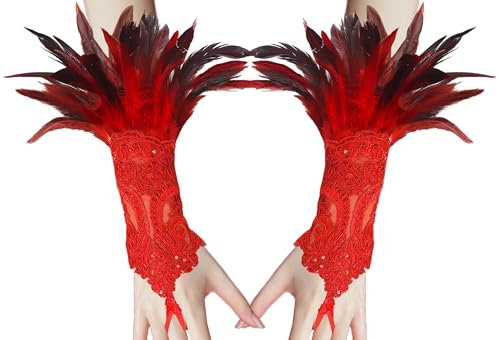 YUNHENTONG Federhandschuhe Damen Halloween, 1 Paar Vintage Fingerlos Federmanschetten Gothic Lang Spitzen Feder Handschuhe für Halloween Rollenspiele Kostüm Dekoration, Partys, Hochzeiten (Rot)