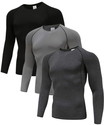 3er PackCompression Shirts für Männer Langarm Herren Running Top Quick Dry Base Layer Tops für Gym Sport Fitness Workout Schwarz/Grau/Charcoal-S