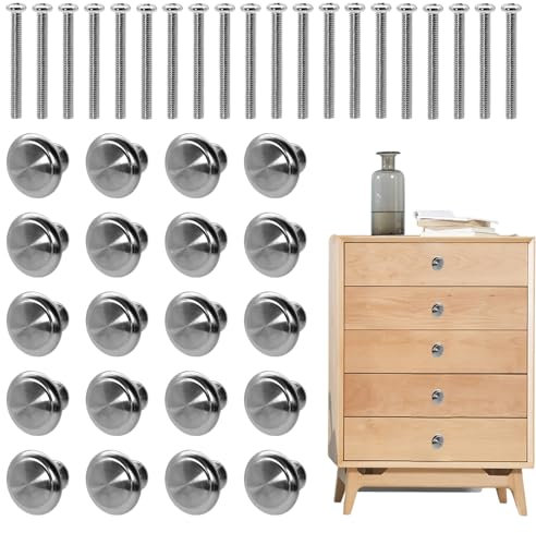 20Pcs Cabinet Knob, 27mm Kitchen Door Knobs with Long Screws Brushed Nickel Cabinet Pulls Mushroom Shape Cupboard Knobs Silver Chrome Handles for Furniture Wardrobes Bathroom Drawers Dresser