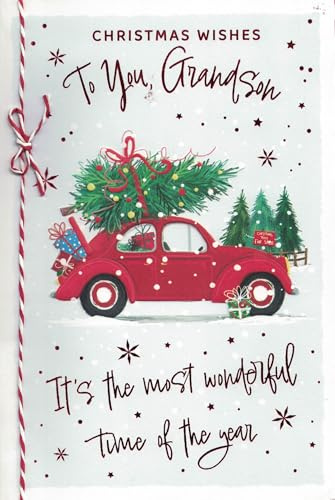 Weihnachtskarte für Enkel, festliches rotes Auto, 22,9 x 15,2 cm